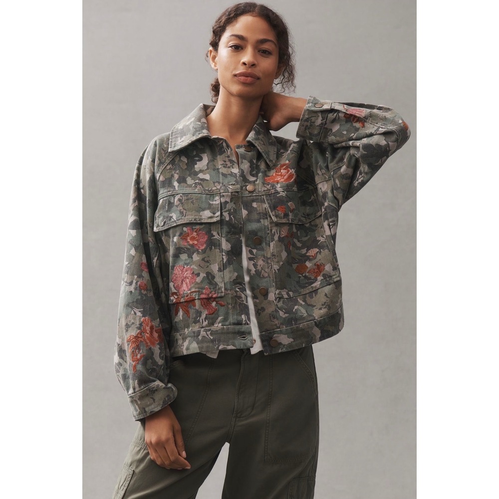 Pilcro Anthropologie Camo Floral Embroidered Utility Jacket Green Large NEW